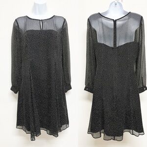 J Crew Womens Classic Sheer Black Silk Long Sleeve Polka Dot Flare Dress Size 6
